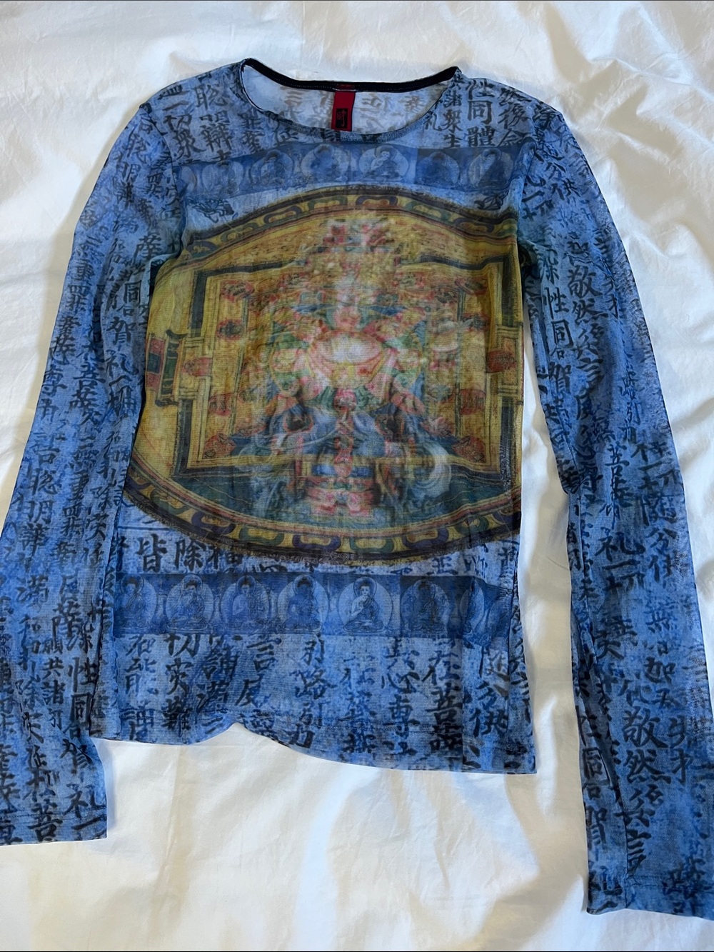 Y2K Just In Time USA Graphic sheerMesh Top Buddha Asian script printed intricate